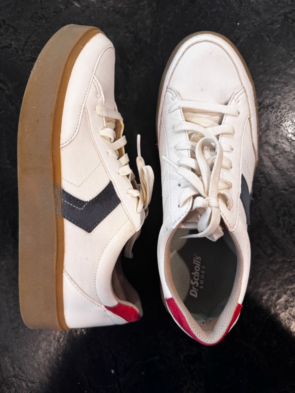 Dr. Scholl's White Sneakers with Navy Chevron and Red Heel Accent